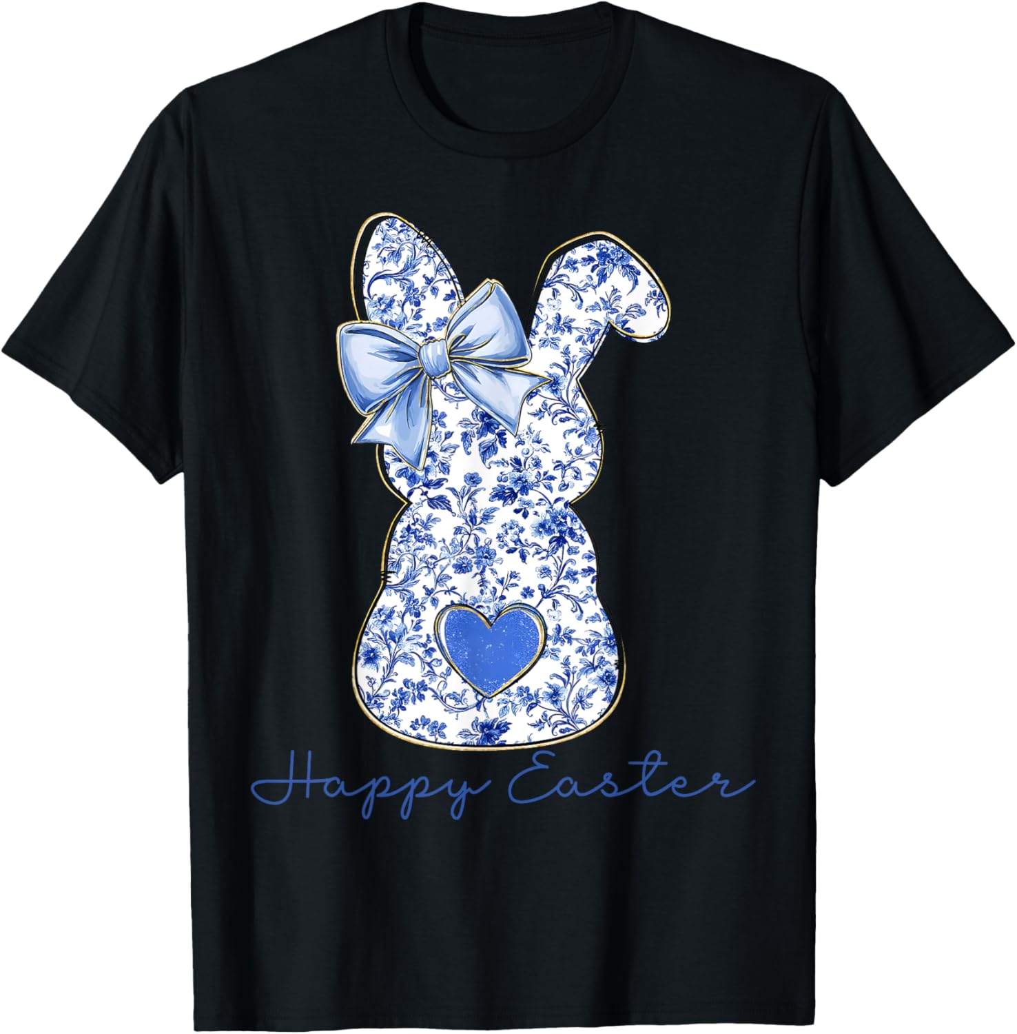 Happy Easter Chinoiserie Floral Bunny Cute Blue Bow Coquette T-Shirt