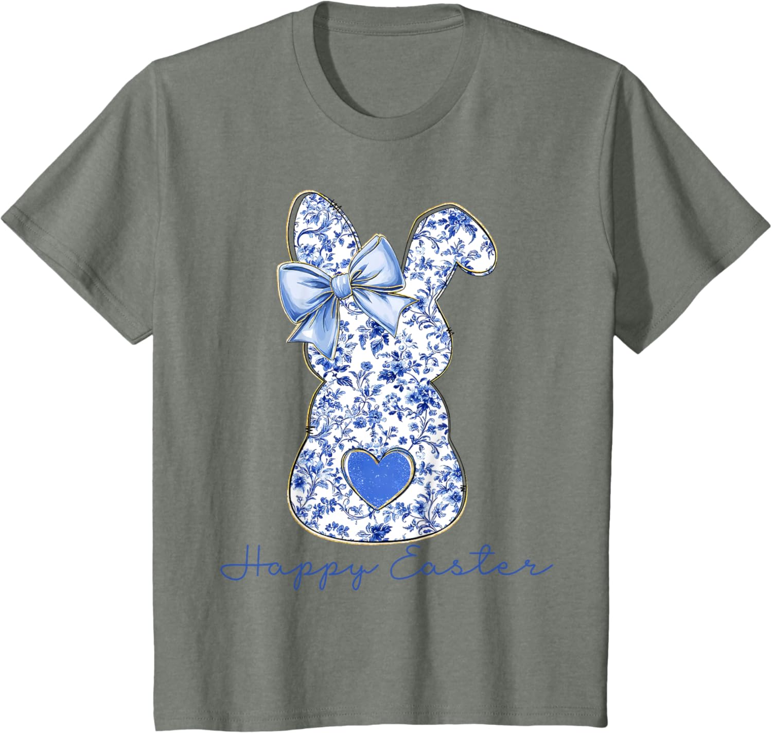 Happy Easter Chinoiserie Floral Bunny Cute Blue Bow Coquette T-Shirt