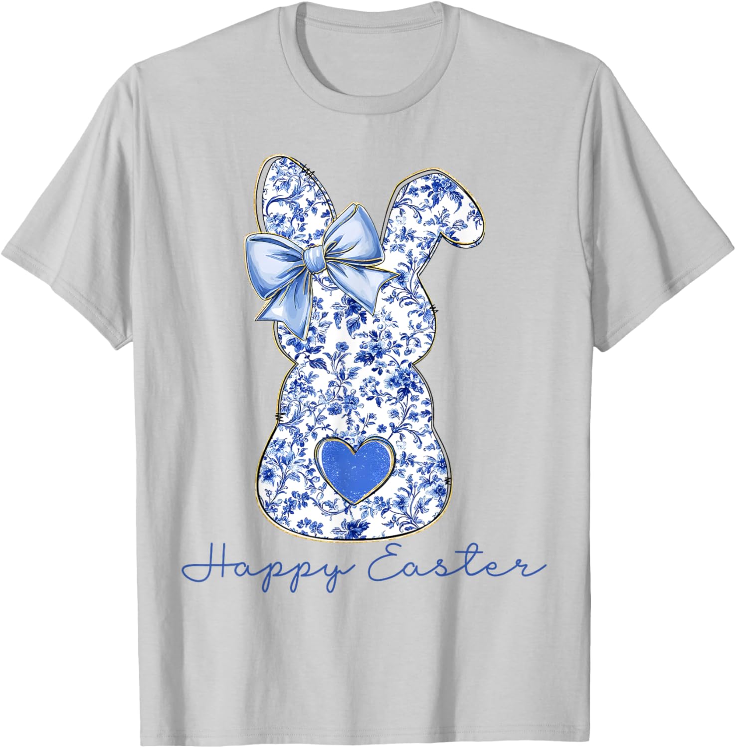 Happy Easter Chinoiserie Floral Bunny Cute Blue Bow Coquette T-Shirt