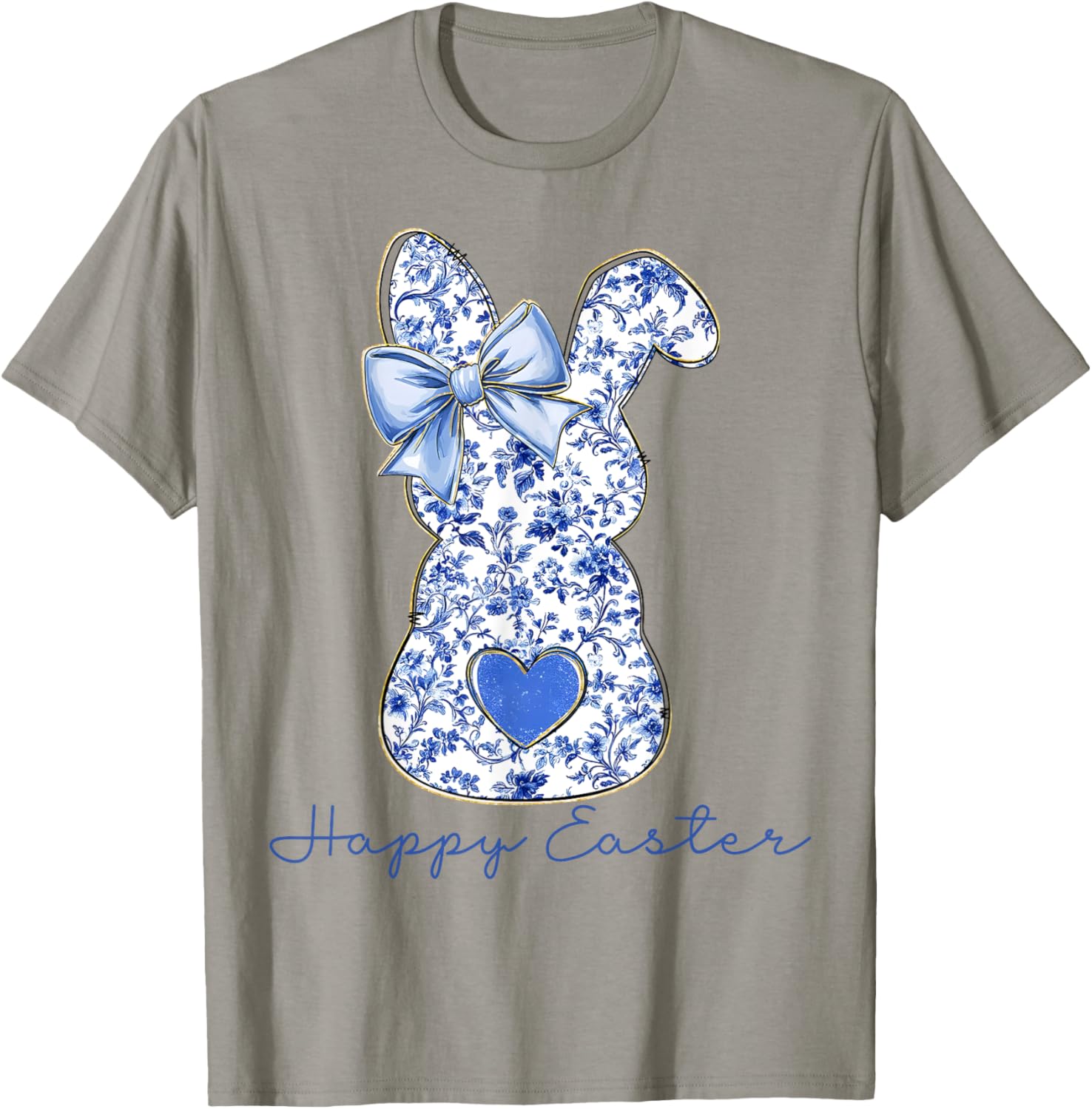 Happy Easter Chinoiserie Floral Bunny Cute Blue Bow Coquette T-Shirt