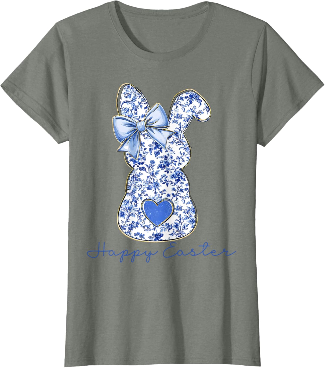 Happy Easter Chinoiserie Floral Bunny Cute Blue Bow Coquette T-Shirt