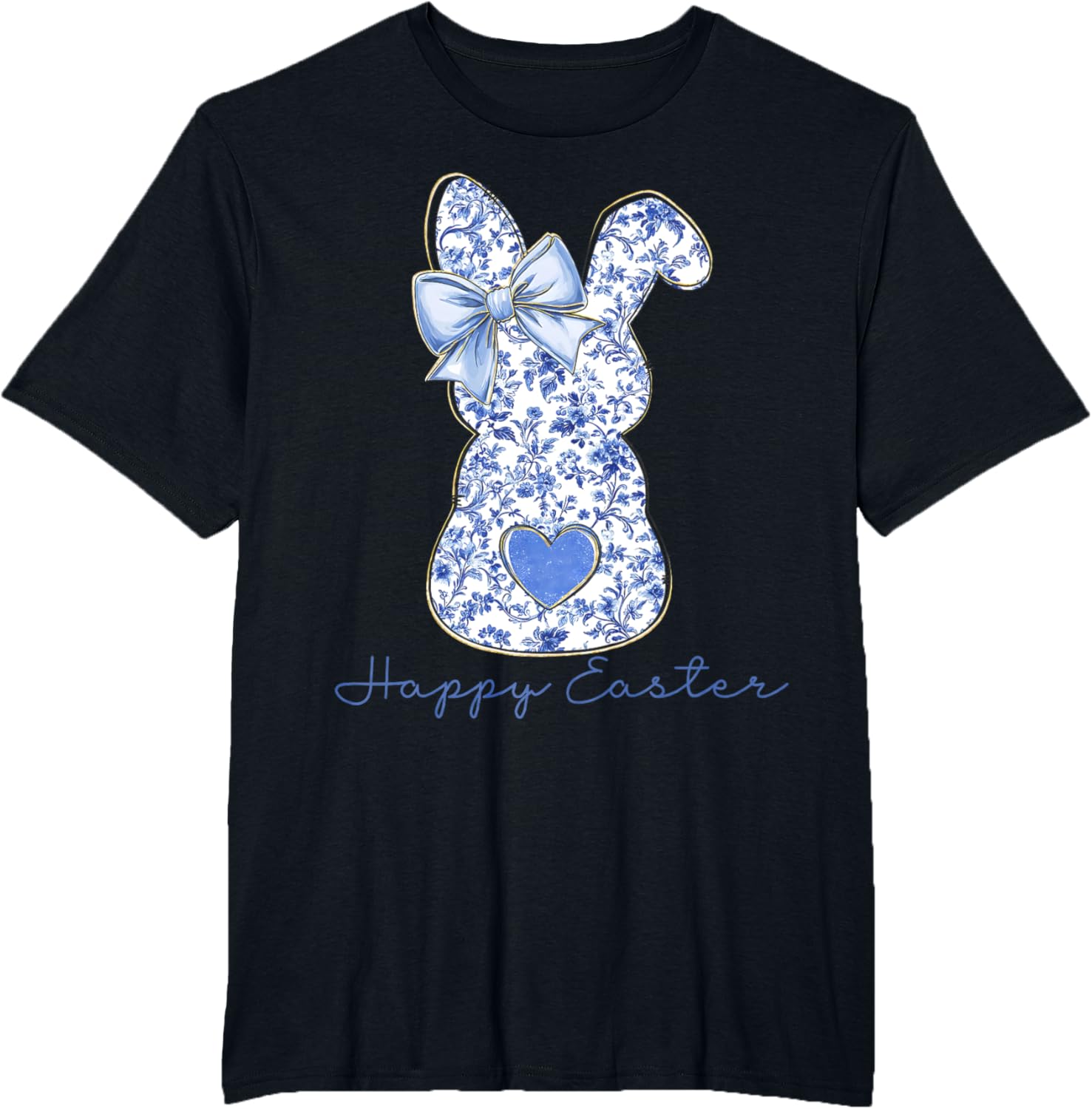 Happy Easter Chinoiserie Floral Bunny Cute Blue Bow Coquette T-Shirt