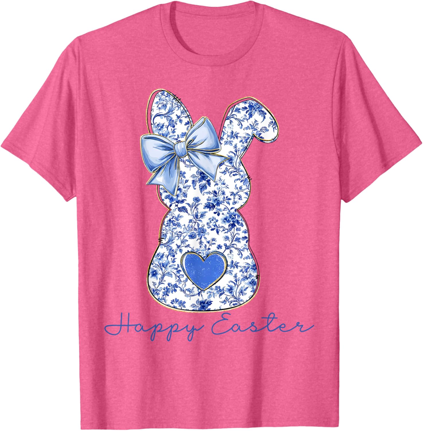 Happy Easter Chinoiserie Floral Bunny Cute Blue Bow Coquette T-Shirt