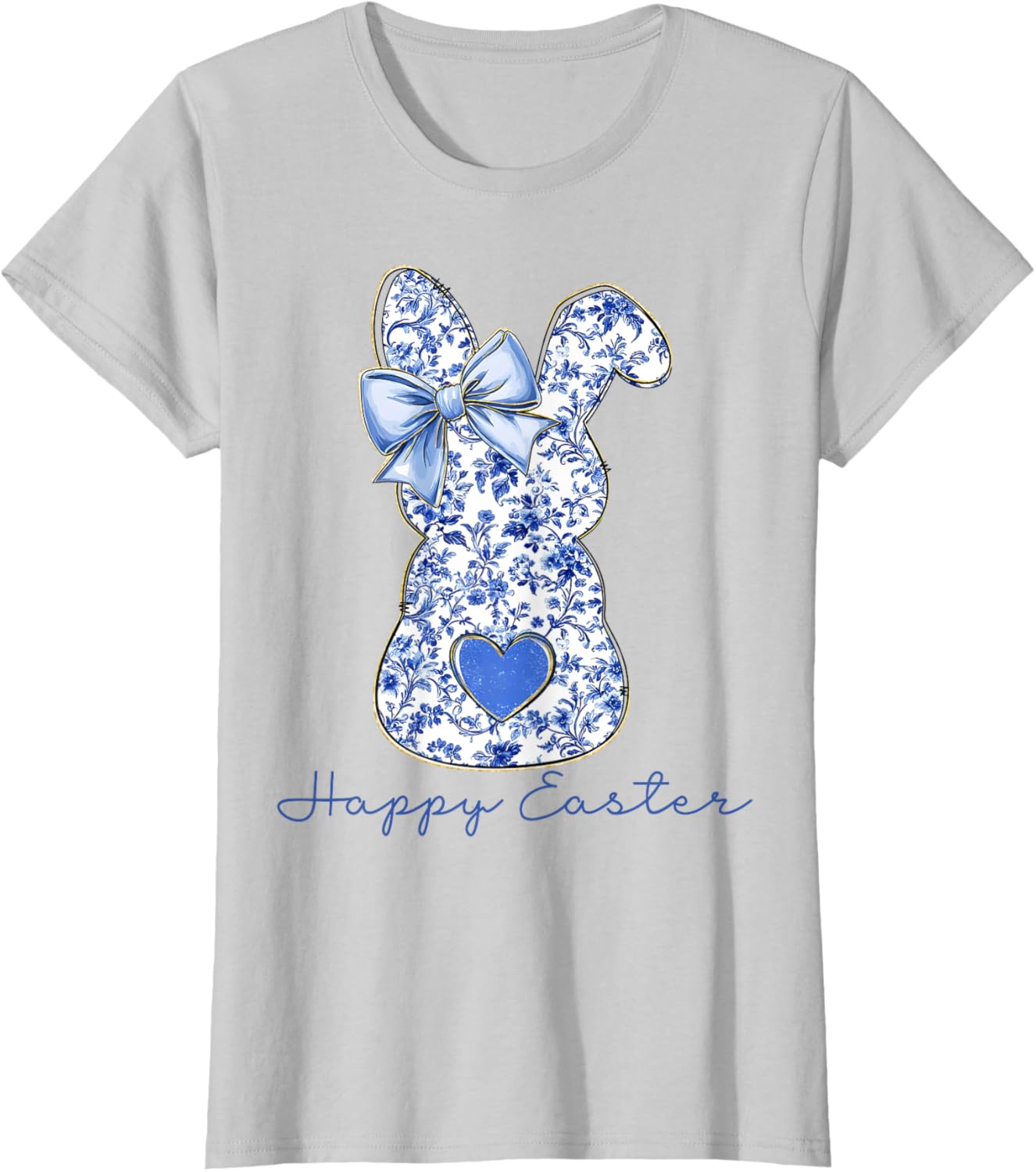 Happy Easter Chinoiserie Floral Bunny Cute Blue Bow Coquette T-Shirt