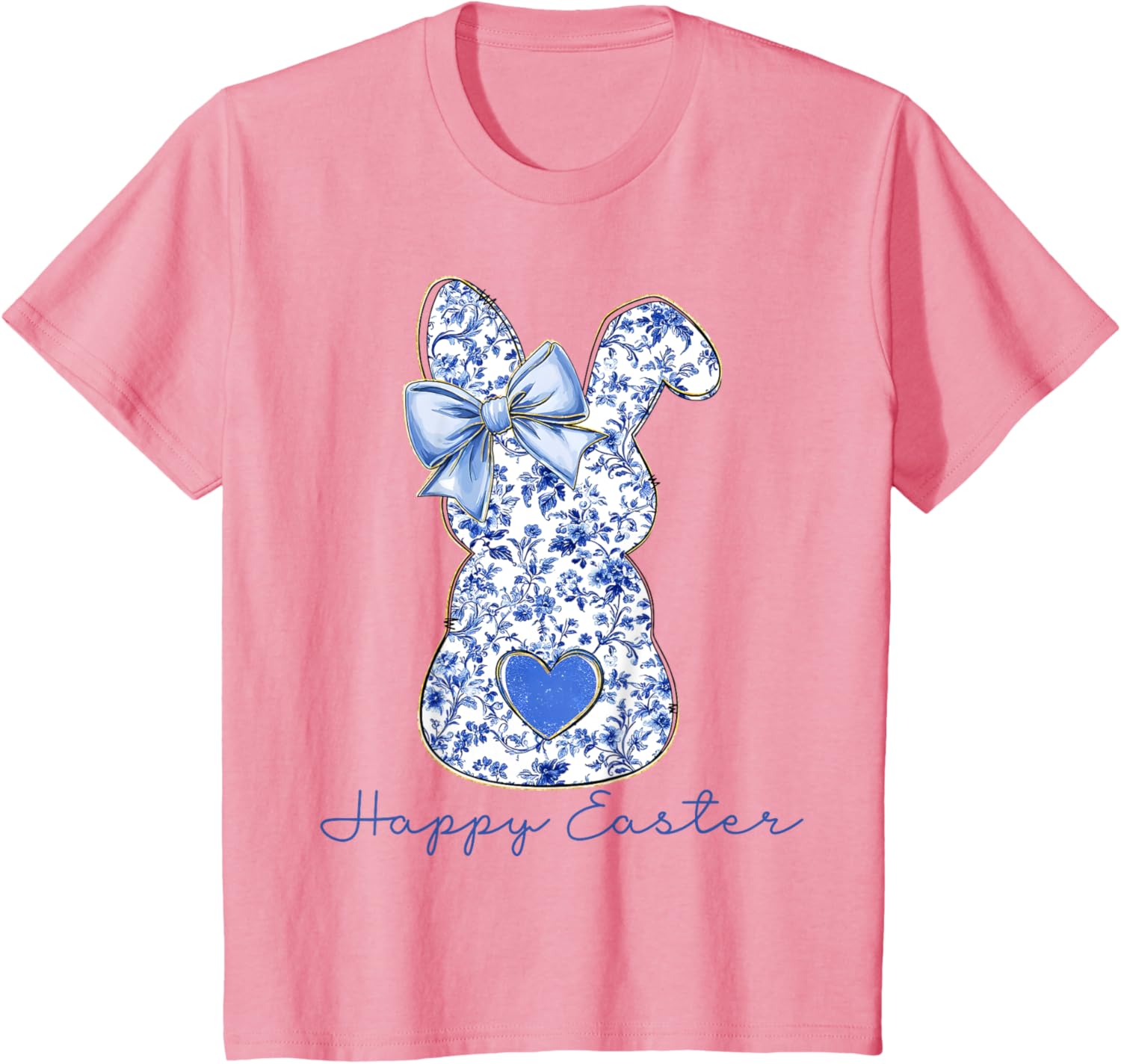 Happy Easter Chinoiserie Floral Bunny Cute Blue Bow Coquette T-Shirt