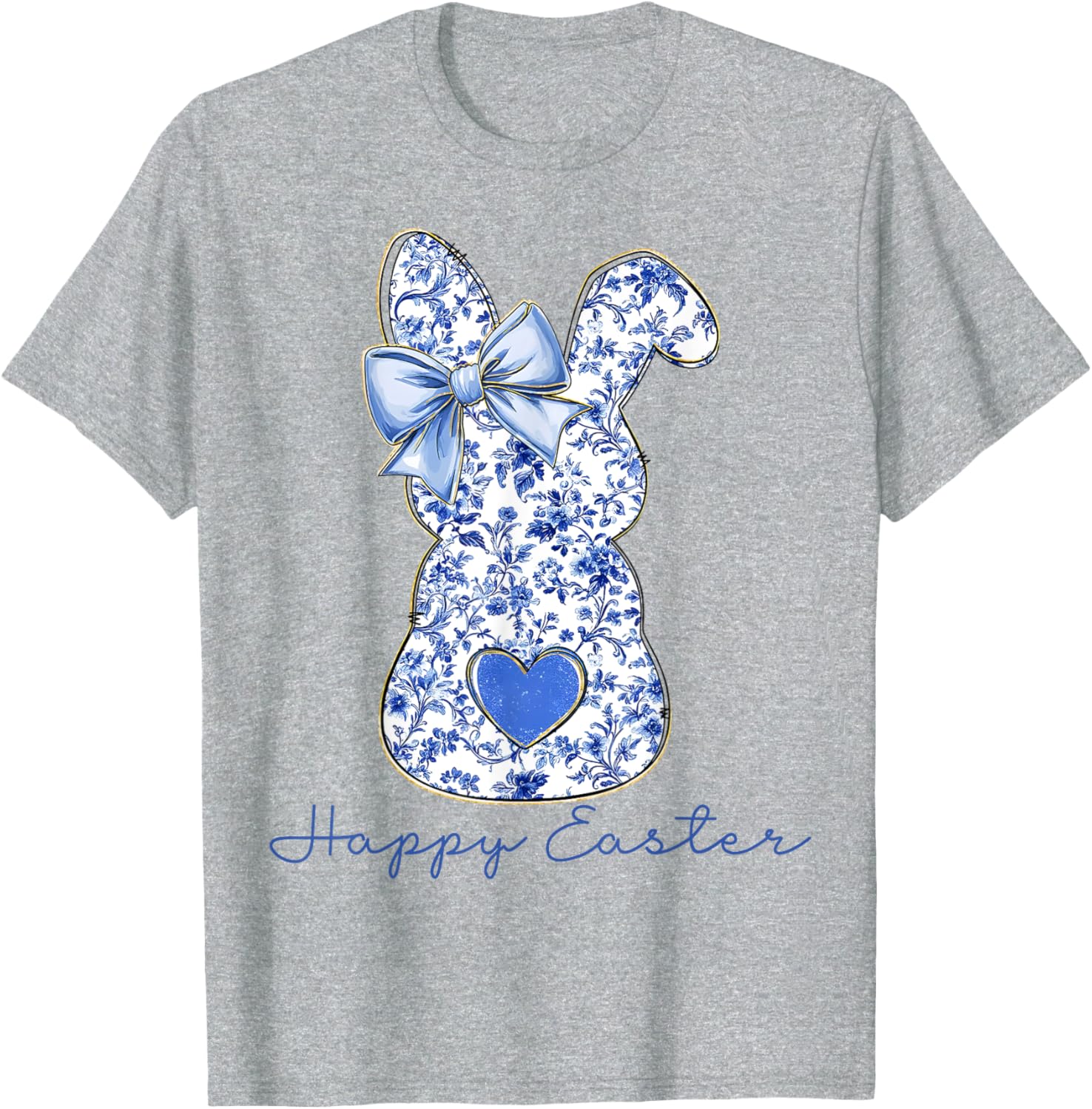 Happy Easter Chinoiserie Floral Bunny Cute Blue Bow Coquette T-Shirt