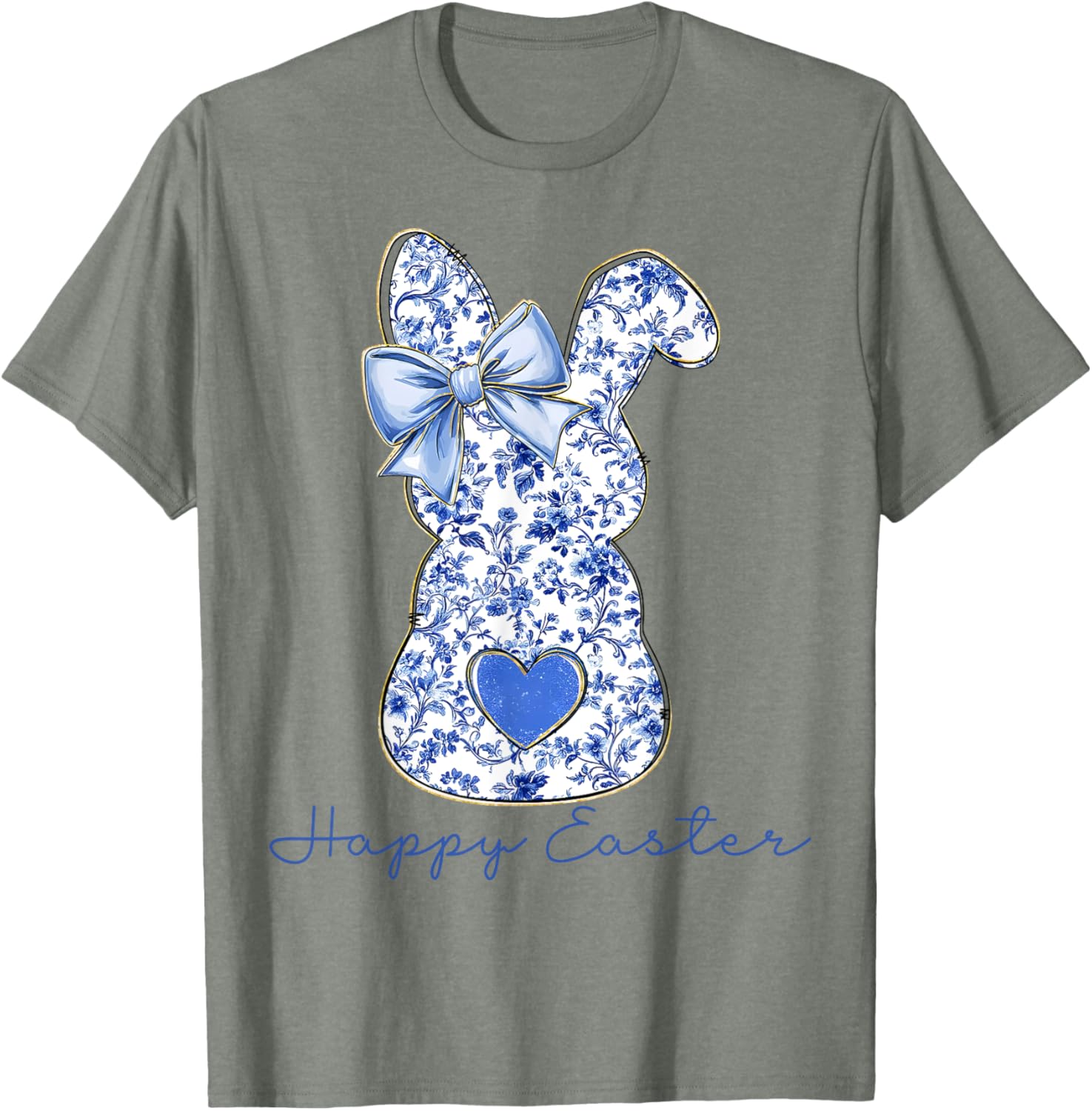 Happy Easter Chinoiserie Floral Bunny Cute Blue Bow Coquette T-Shirt