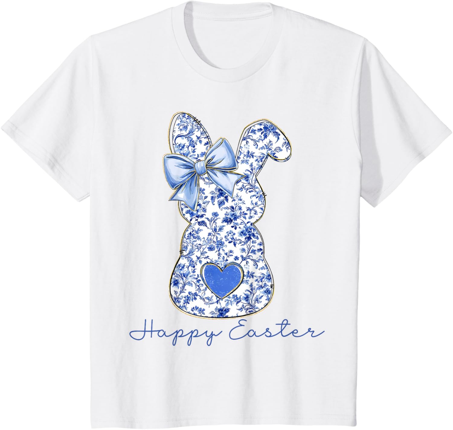 Happy Easter Chinoiserie Floral Bunny Cute Blue Bow Coquette T-Shirt