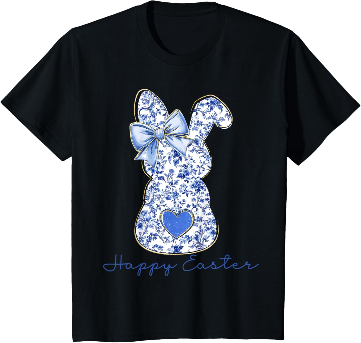 Happy Easter Chinoiserie Floral Bunny Cute Blue Bow Coquette T-Shirt