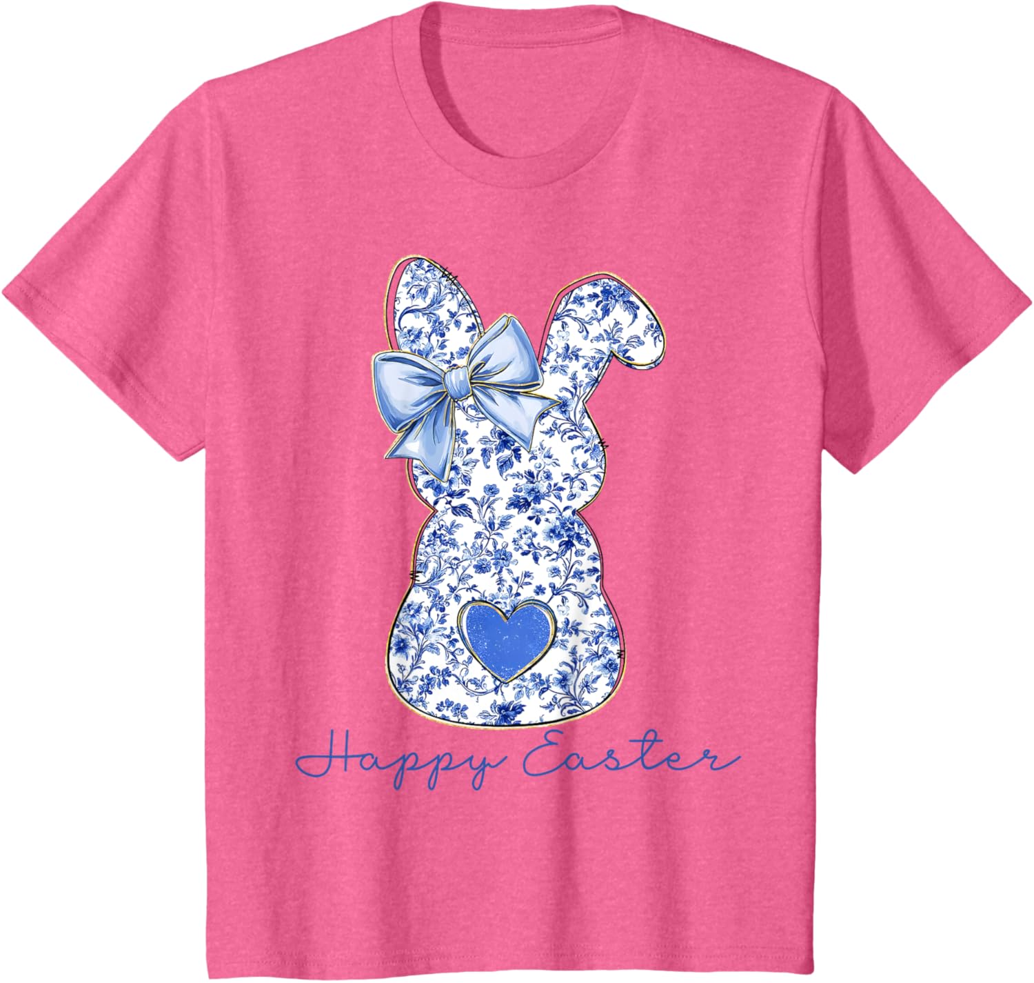 Happy Easter Chinoiserie Floral Bunny Cute Blue Bow Coquette T-Shirt