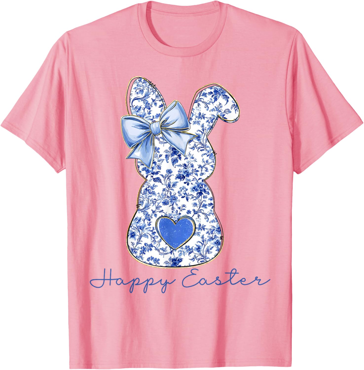 Happy Easter Chinoiserie Floral Bunny Cute Blue Bow Coquette T-Shirt