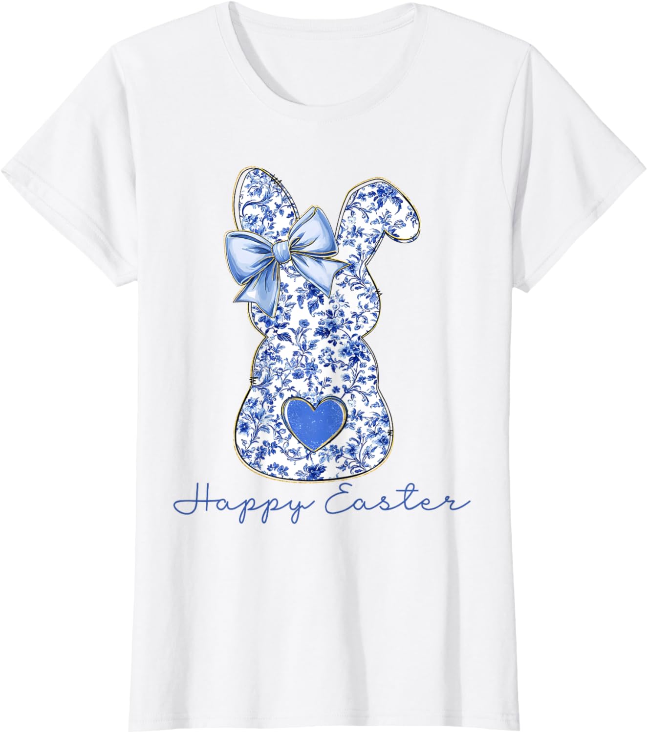 Happy Easter Chinoiserie Floral Bunny Cute Blue Bow Coquette T-Shirt