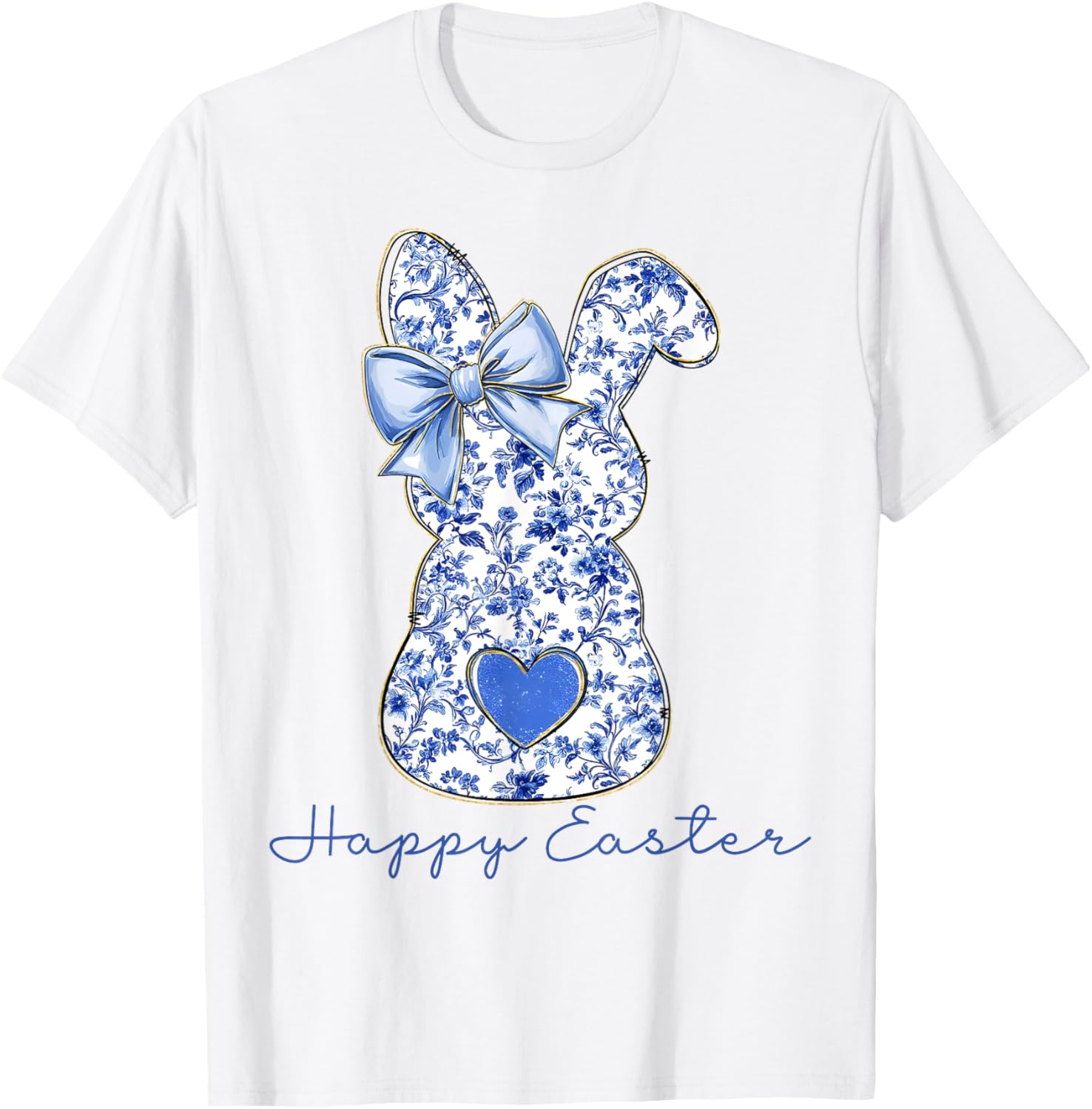 Happy Easter Chinoiserie Floral Bunny Cute Blue Bow Coquette T-Shirt