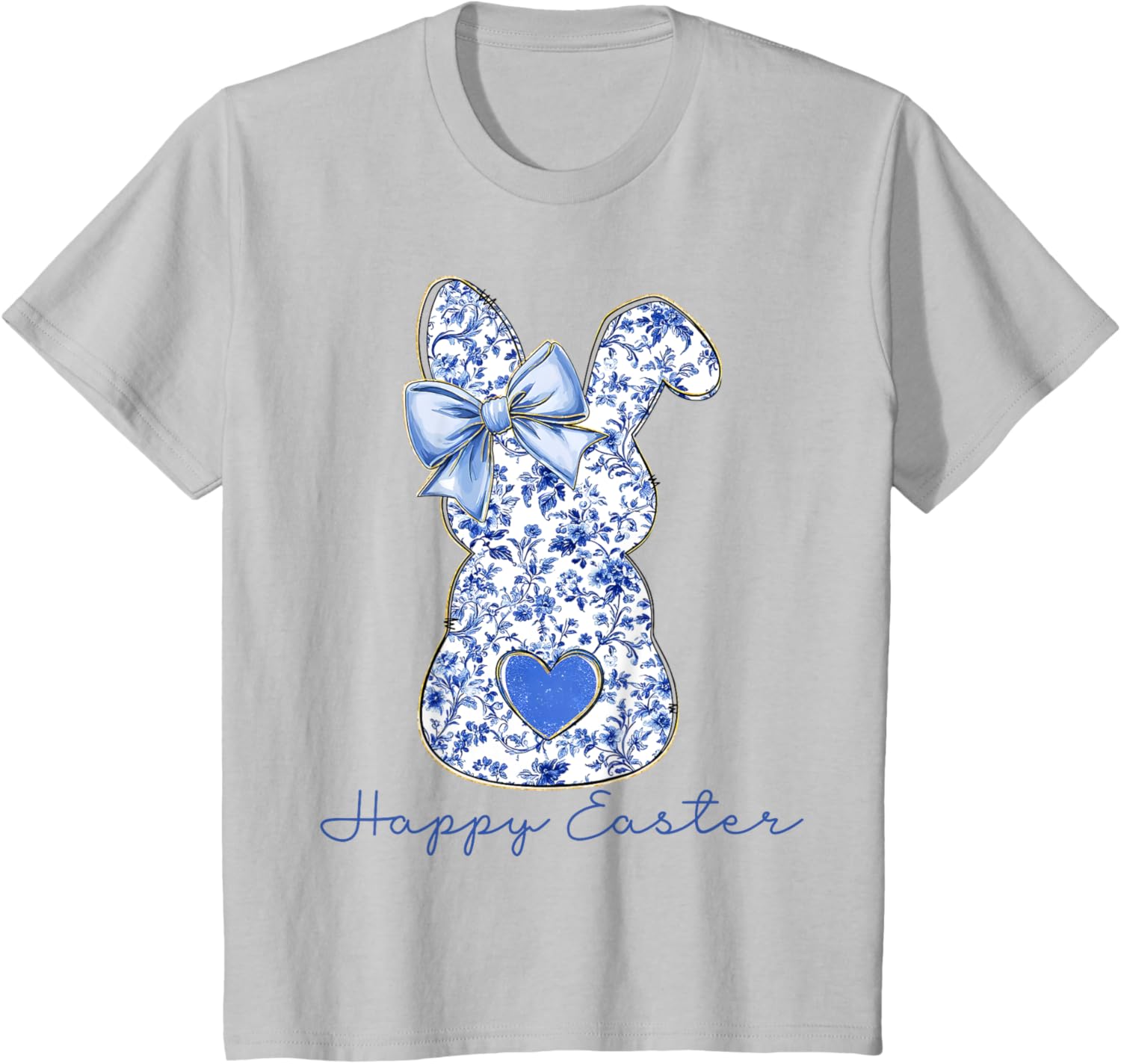 Happy Easter Chinoiserie Floral Bunny Cute Blue Bow Coquette T-Shirt