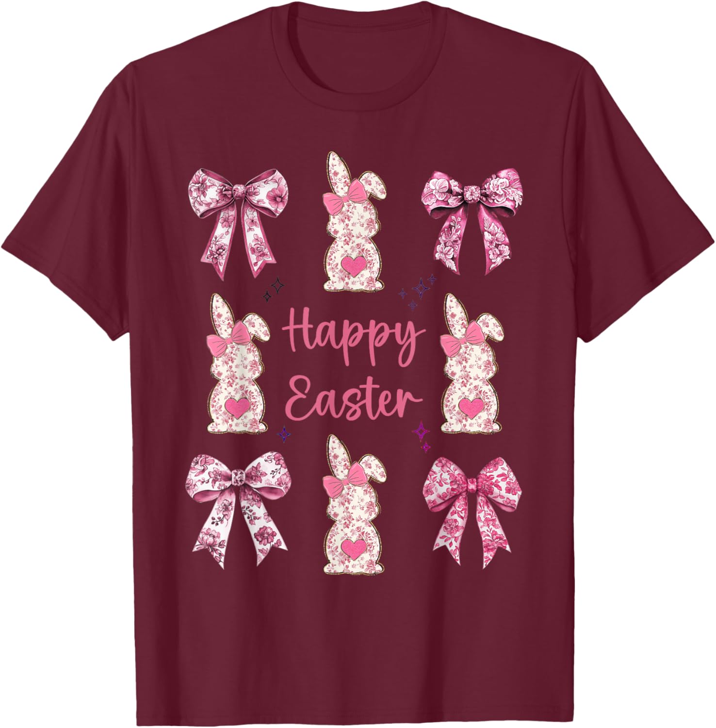 Happy Easter Cute Pink Floral Chinoiserie Bunny Coquette Bow T-Shirt