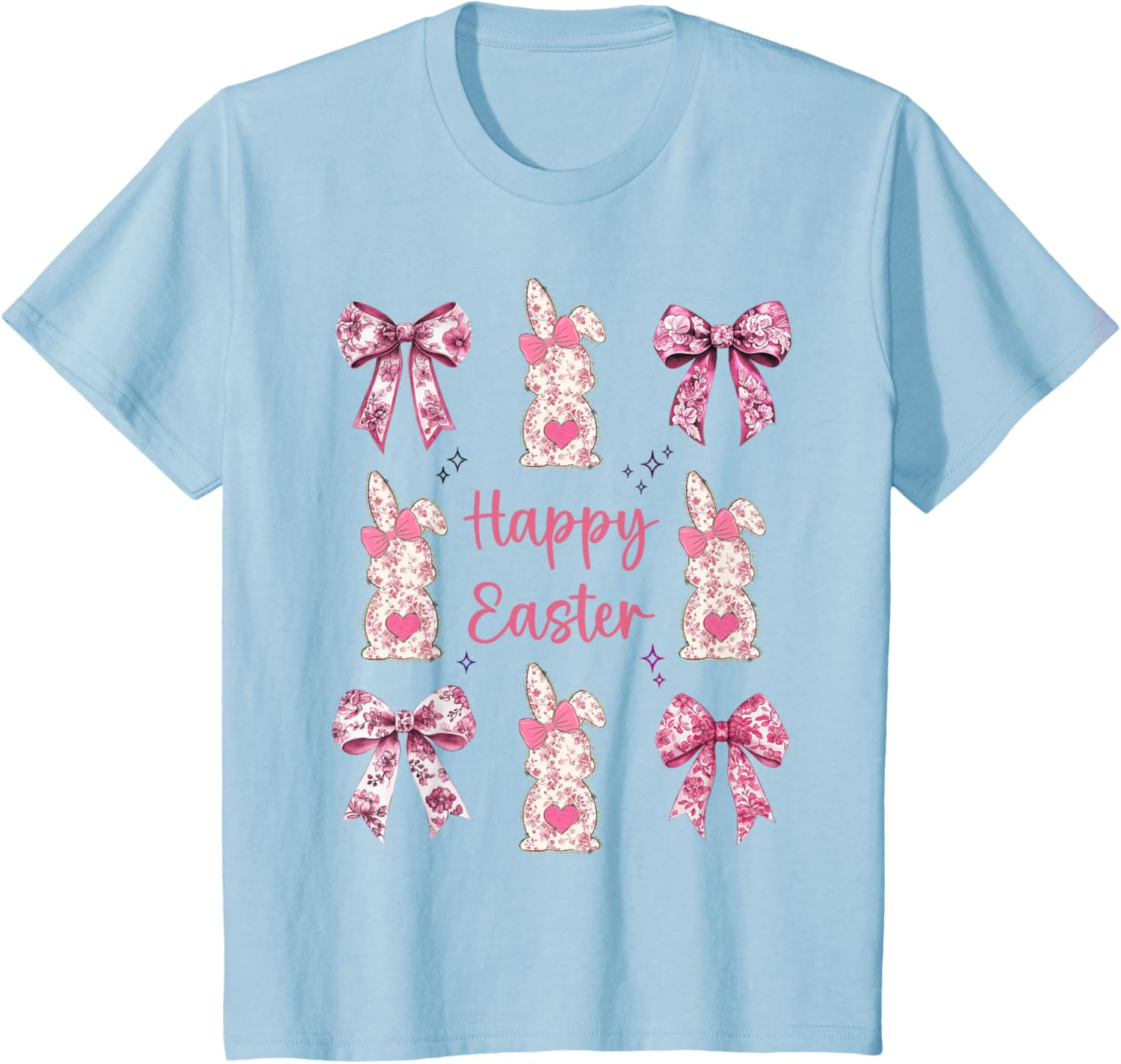 Happy Easter Cute Pink Floral Chinoiserie Bunny Coquette Bow T-Shirt