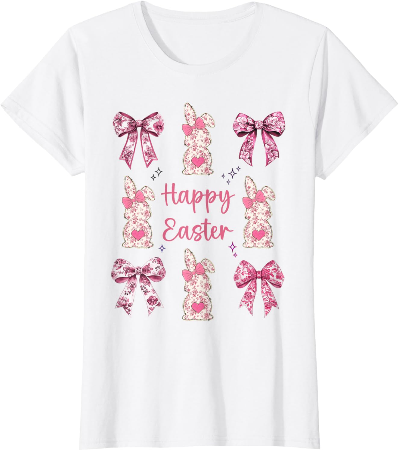 Happy Easter Cute Pink Floral Chinoiserie Bunny Coquette Bow T-Shirt