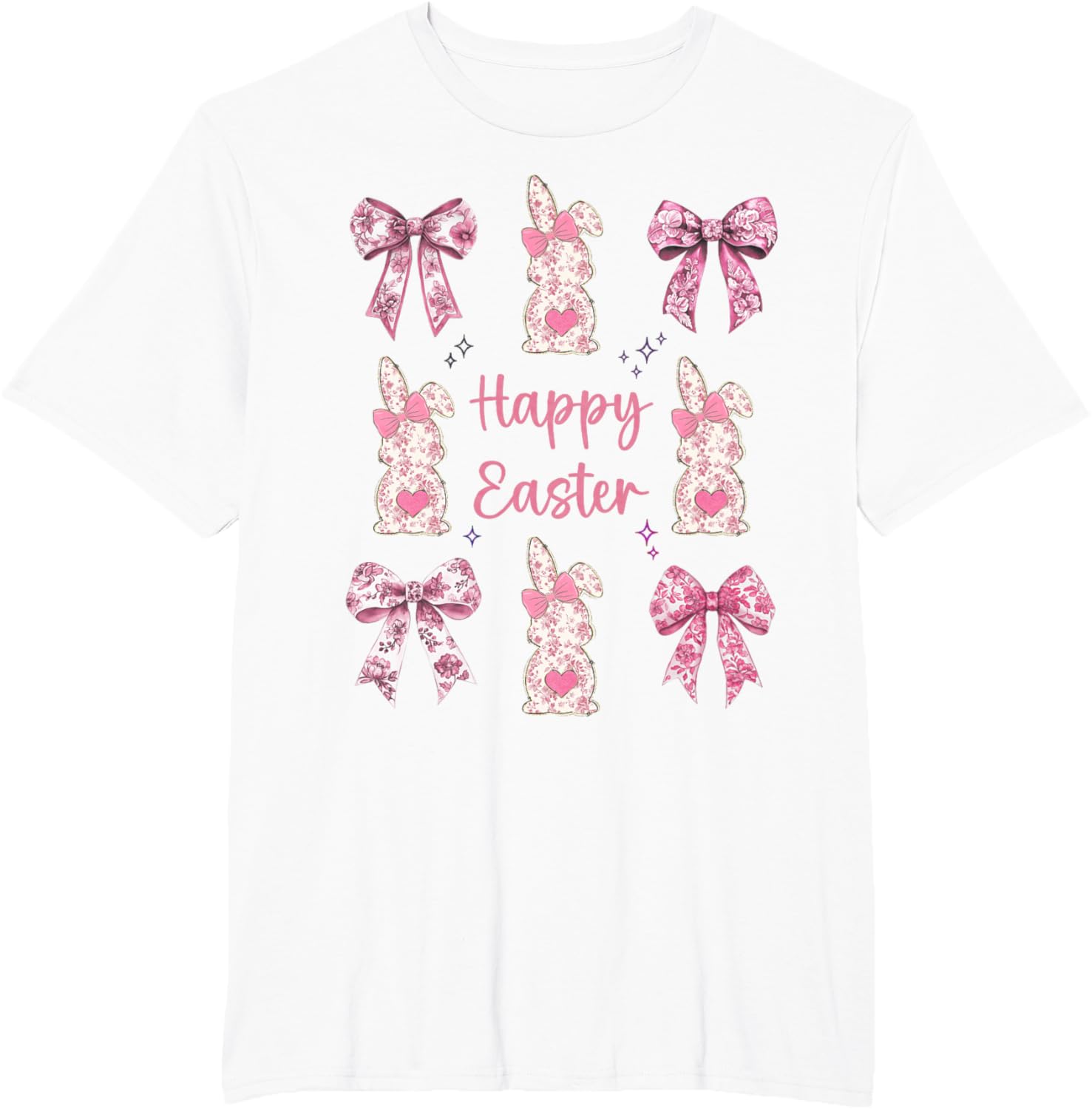 Happy Easter Cute Pink Floral Chinoiserie Bunny Coquette Bow T-Shirt