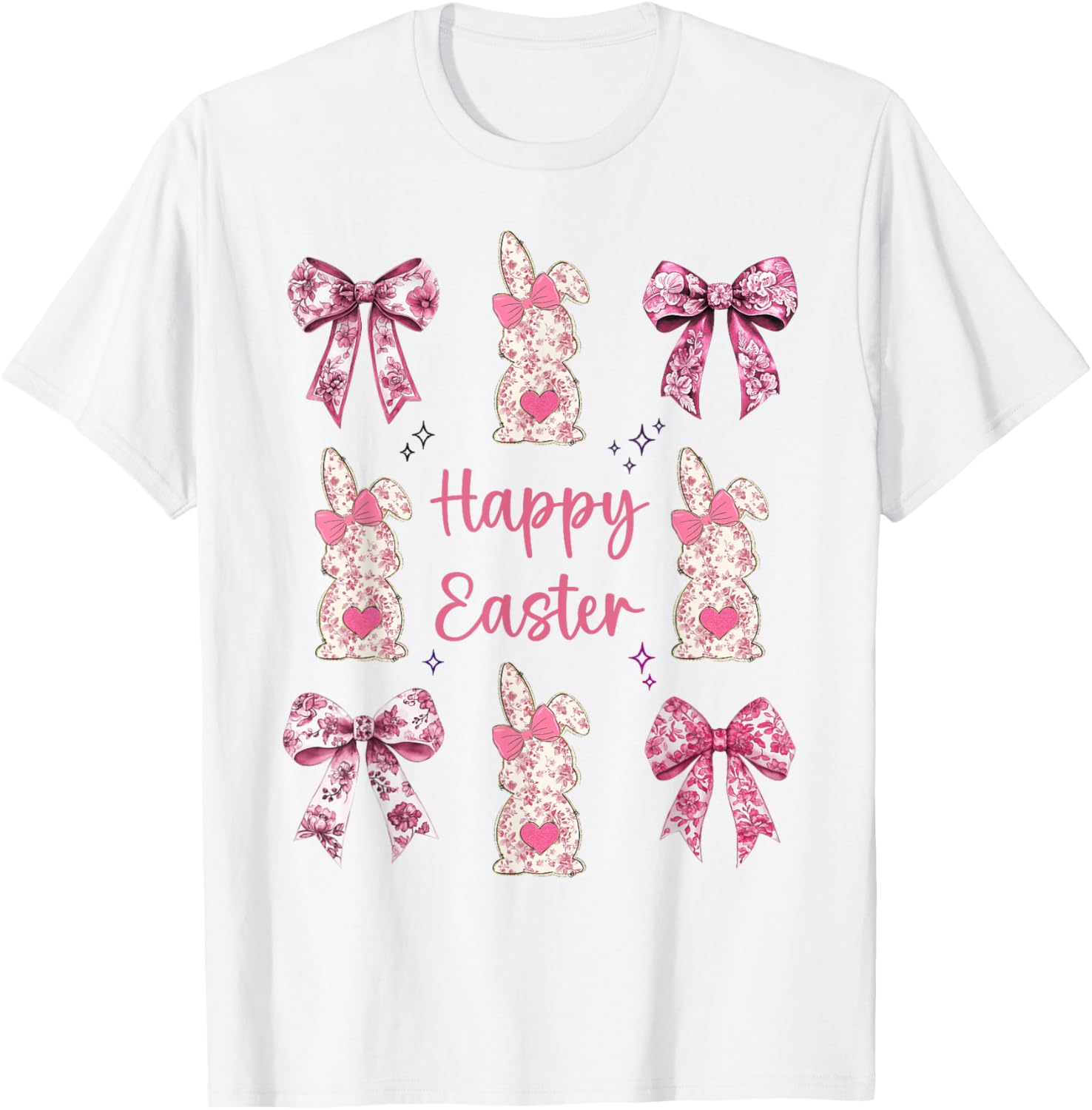 Happy Easter Cute Pink Floral Chinoiserie Bunny Coquette Bow T-Shirt