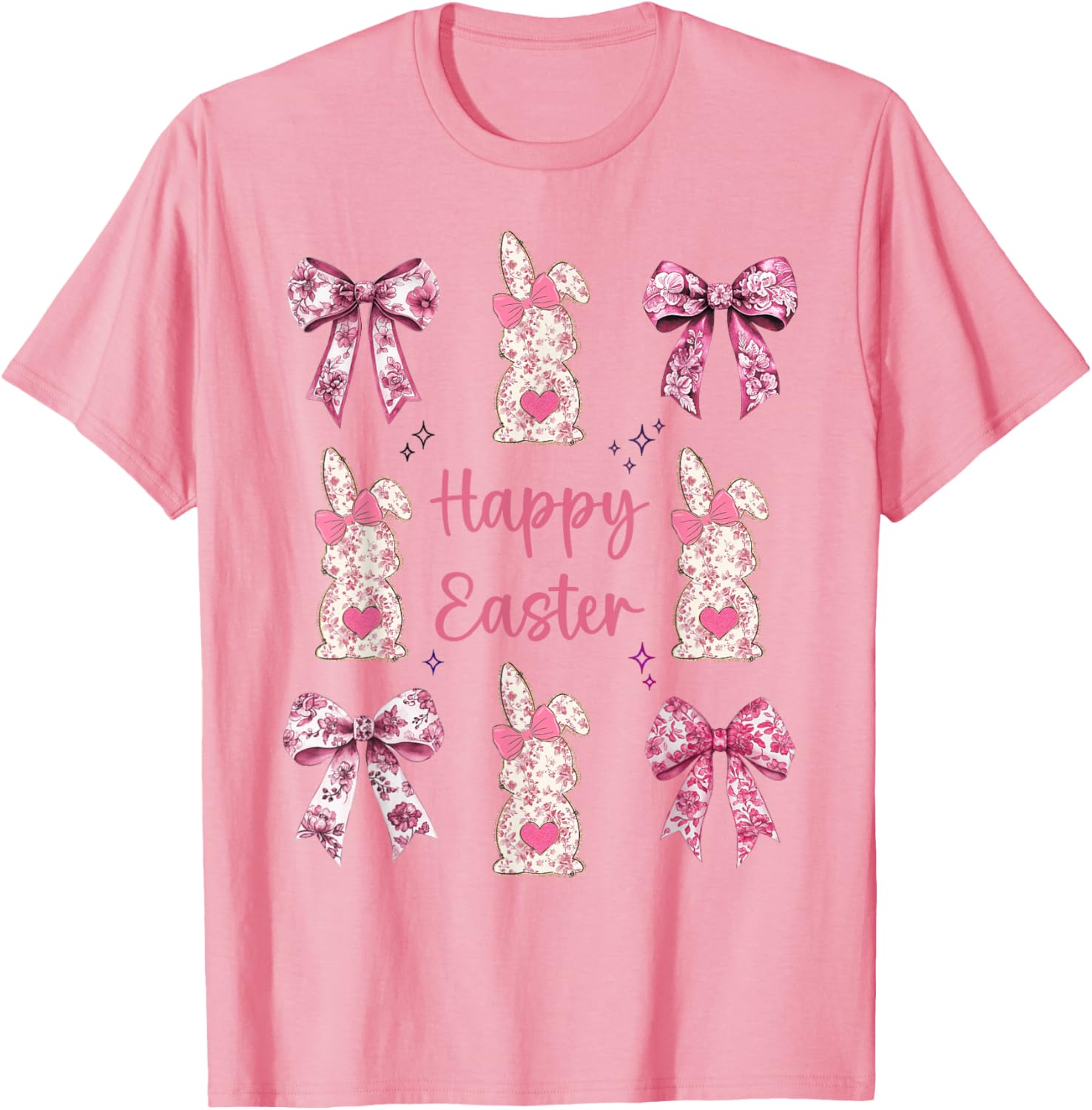 Happy Easter Cute Pink Floral Chinoiserie Bunny Coquette Bow T-Shirt