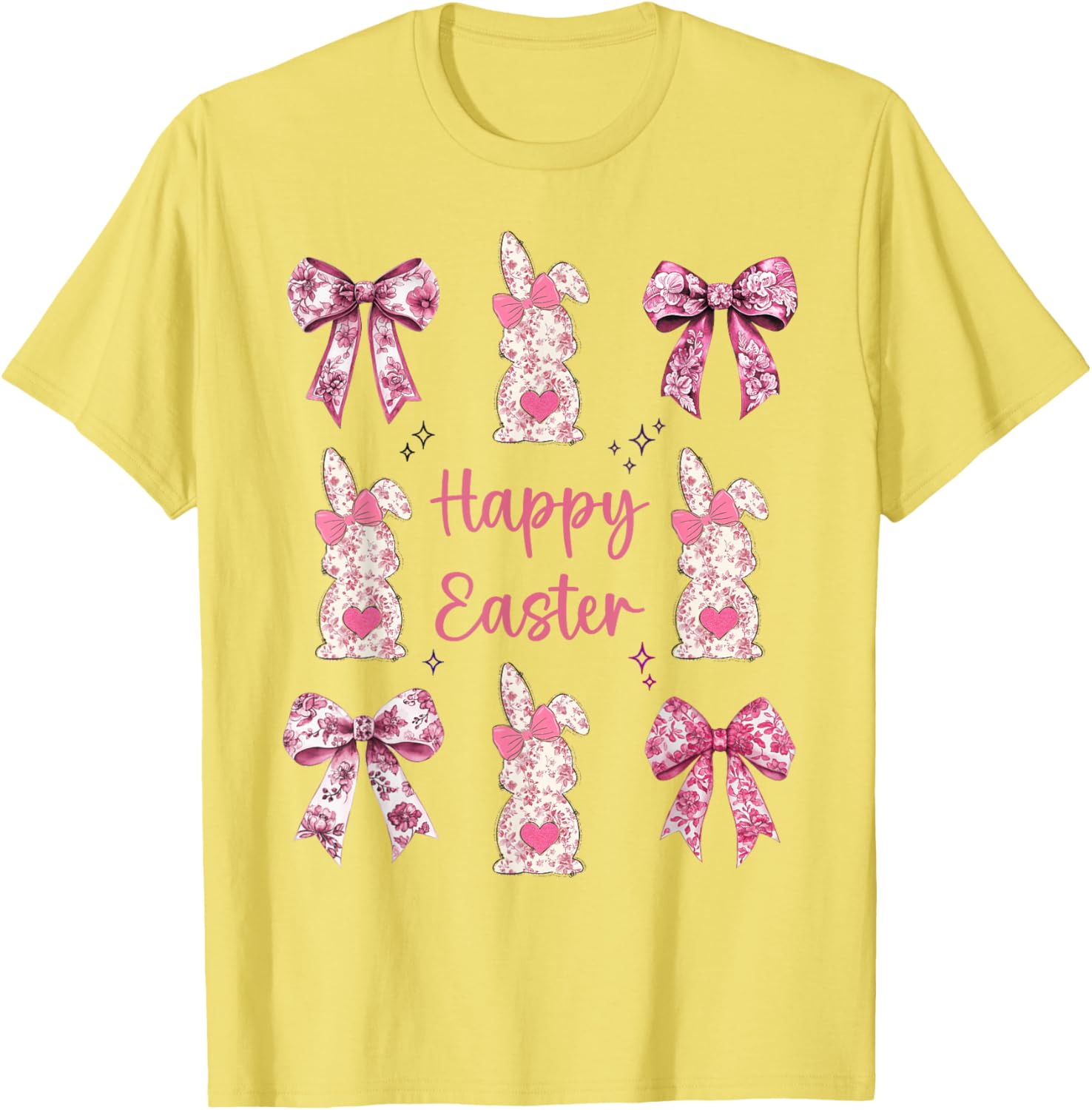 Happy Easter Cute Pink Floral Chinoiserie Bunny Coquette Bow T-Shirt