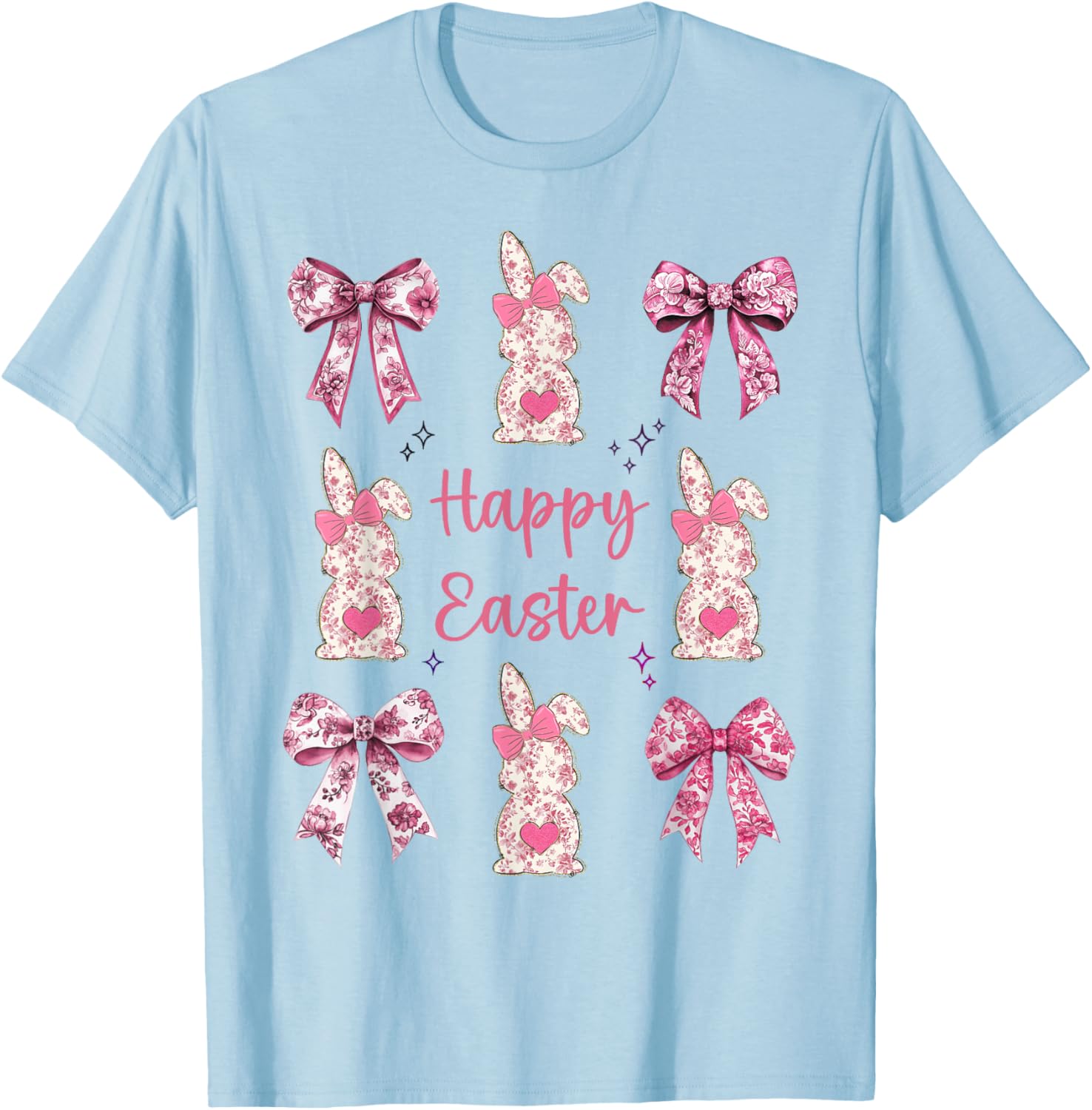 Happy Easter Cute Pink Floral Chinoiserie Bunny Coquette Bow T-Shirt