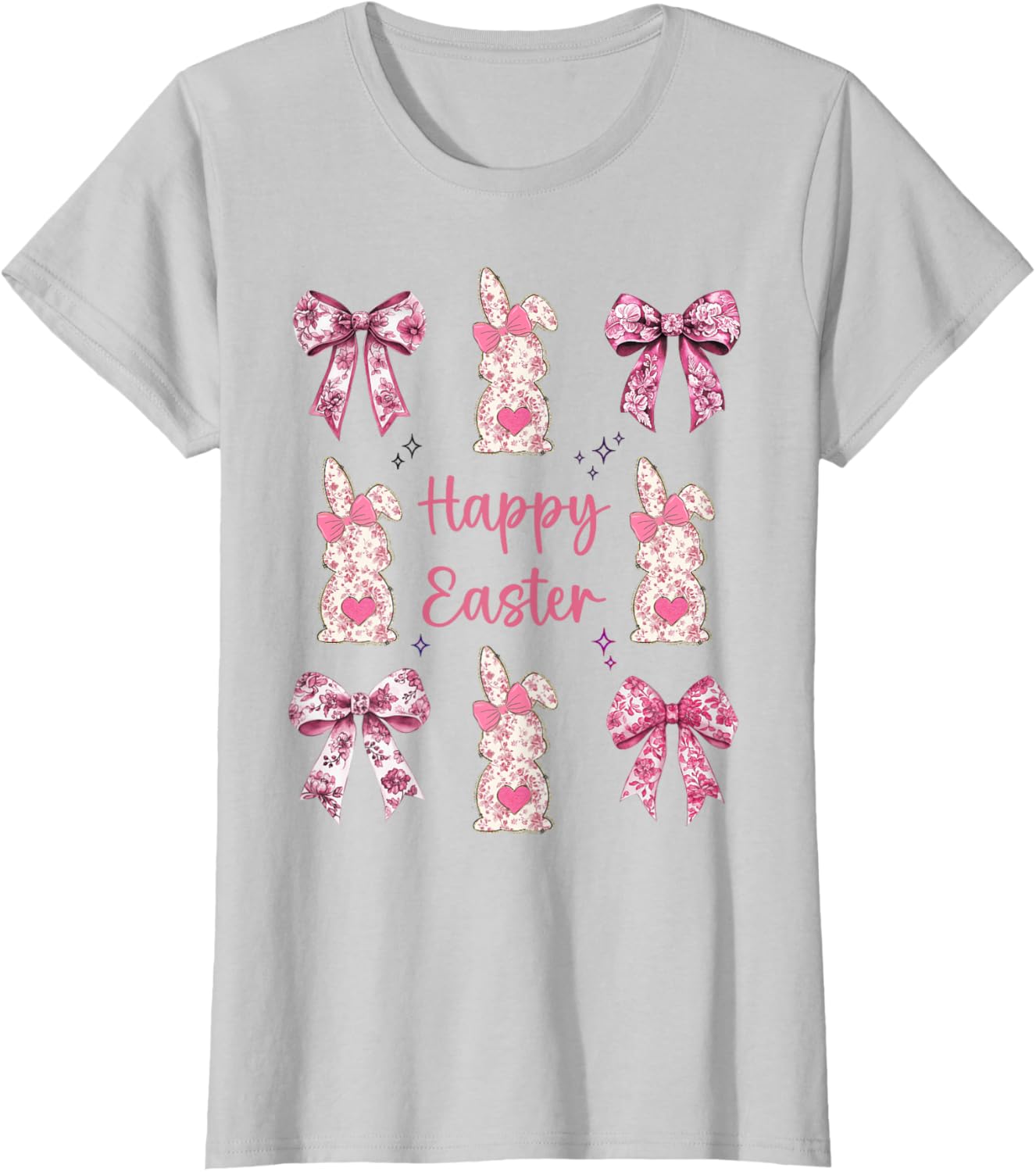 Happy Easter Cute Pink Floral Chinoiserie Bunny Coquette Bow T-Shirt