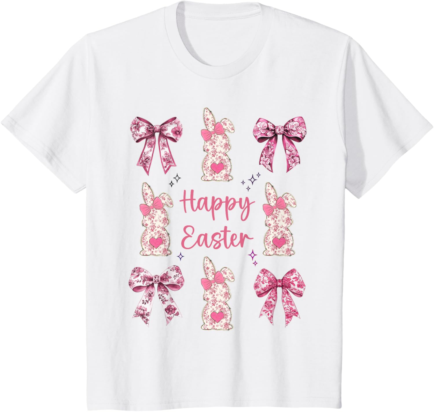 Happy Easter Cute Pink Floral Chinoiserie Bunny Coquette Bow T-Shirt