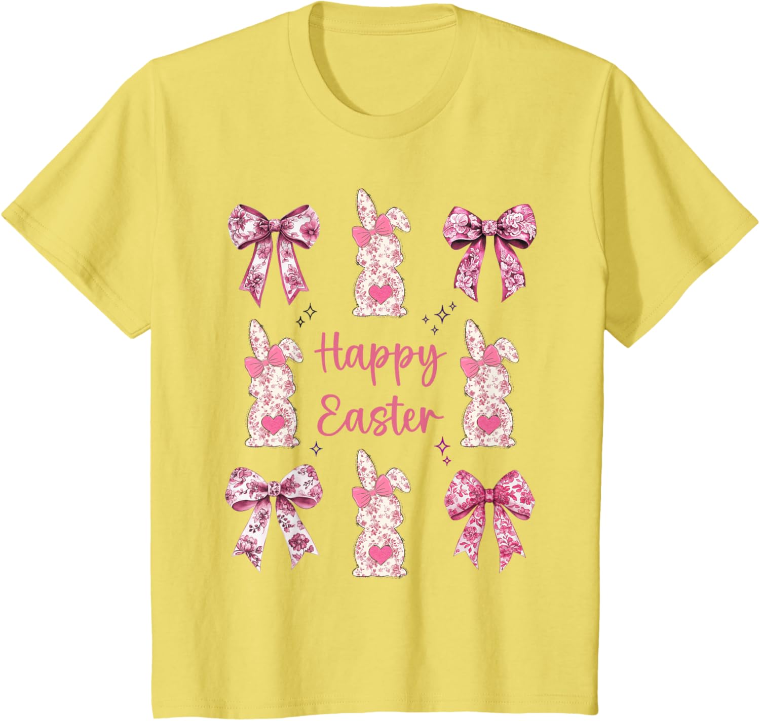 Happy Easter Cute Pink Floral Chinoiserie Bunny Coquette Bow T-Shirt