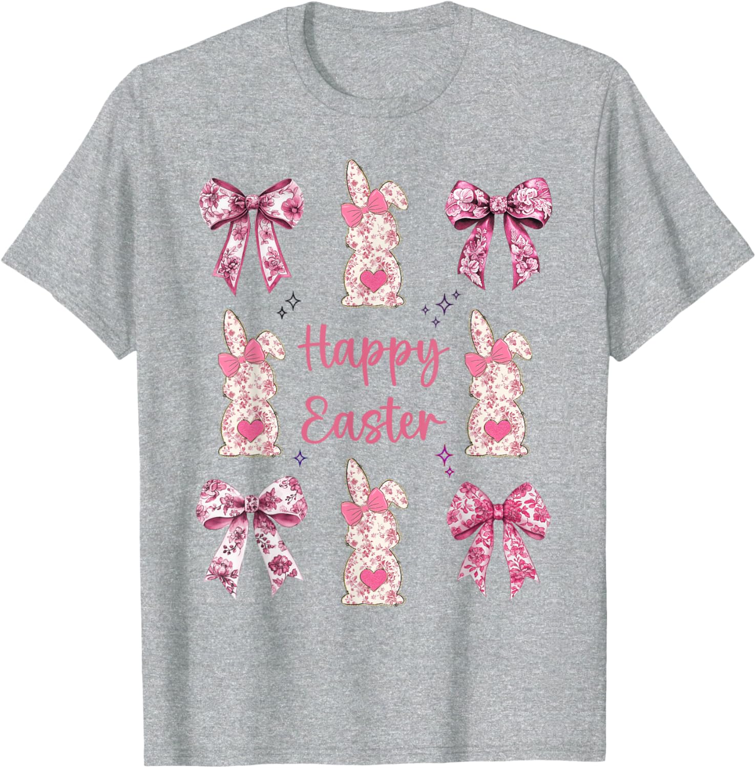 Happy Easter Cute Pink Floral Chinoiserie Bunny Coquette Bow T-Shirt