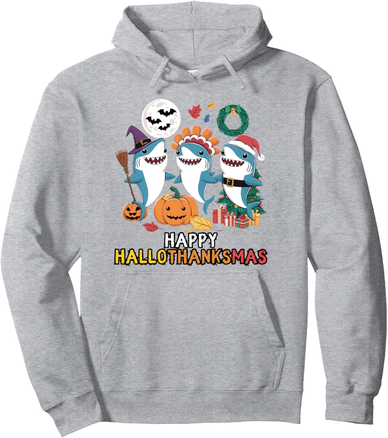 Happy Hallothanksmas Christmas Halloween, Shark Thanksgiving Pullover Hoodie