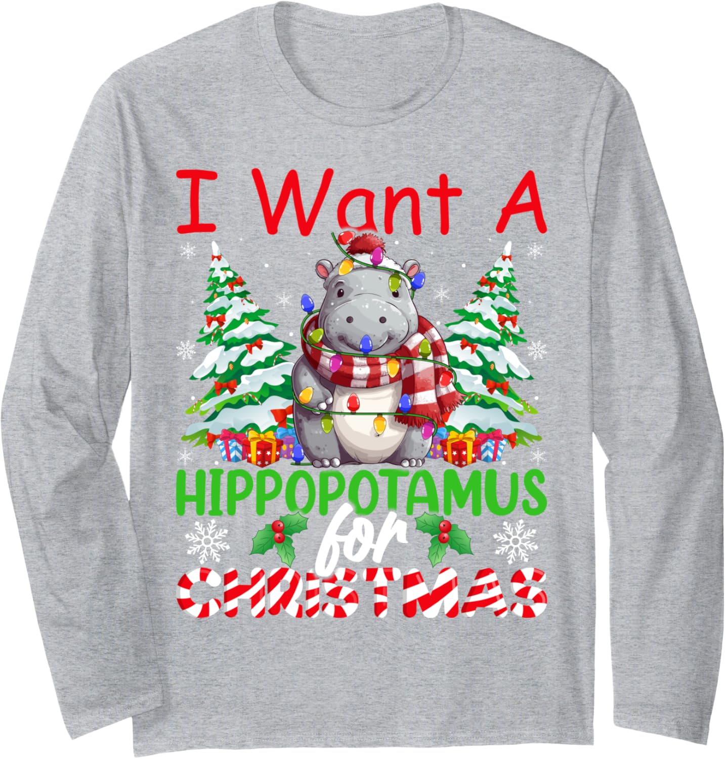 Hippo Xmas Tree Lights I Want A Hippopotamus For Christmas Long Sleeve T-Shirt