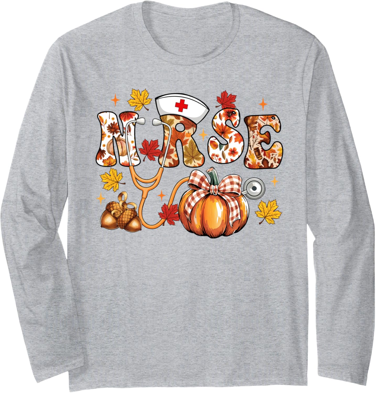 Nurse Thanksgiving ICU ER NICU Autumn Pumpkin Stethoscope Long Sleeve T-Shirt