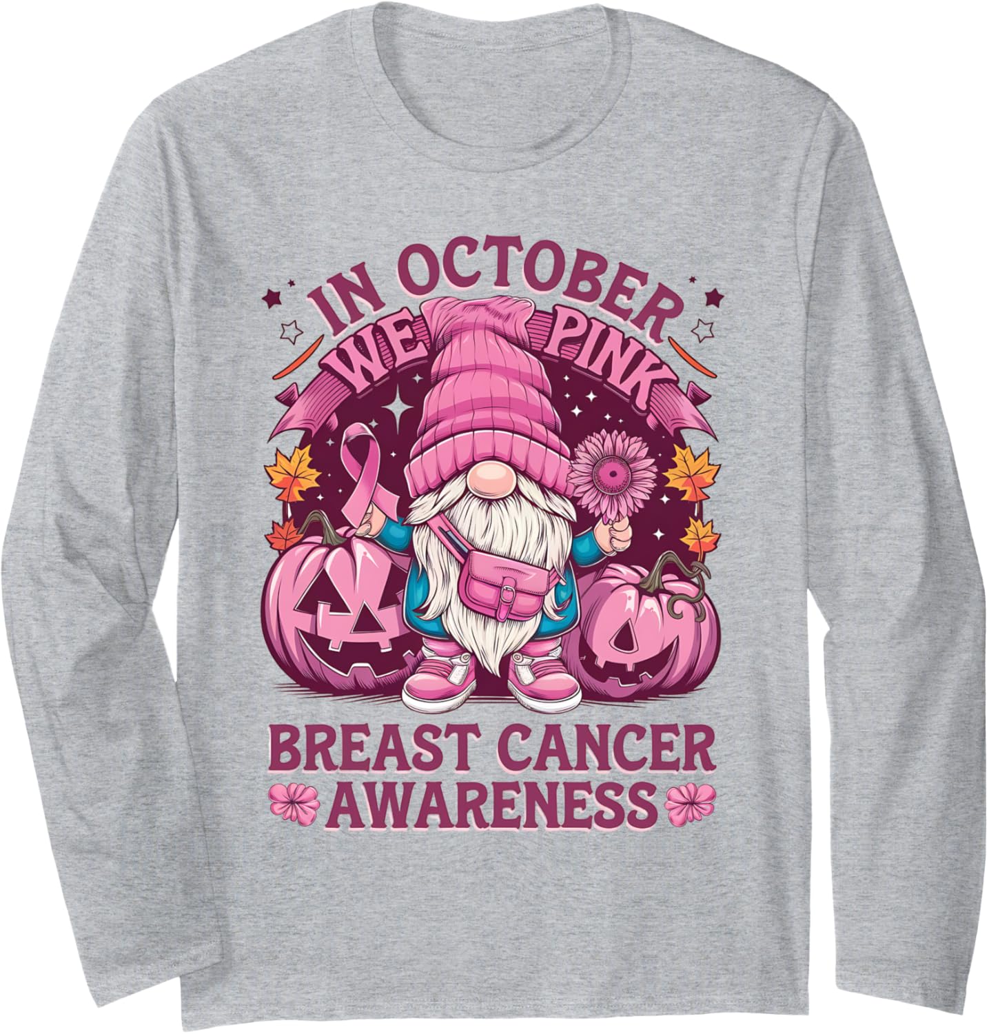 October We Wear Pink Gnome Pumpkin Sunflower Breast Cancer Long Sleeve T-Shirt