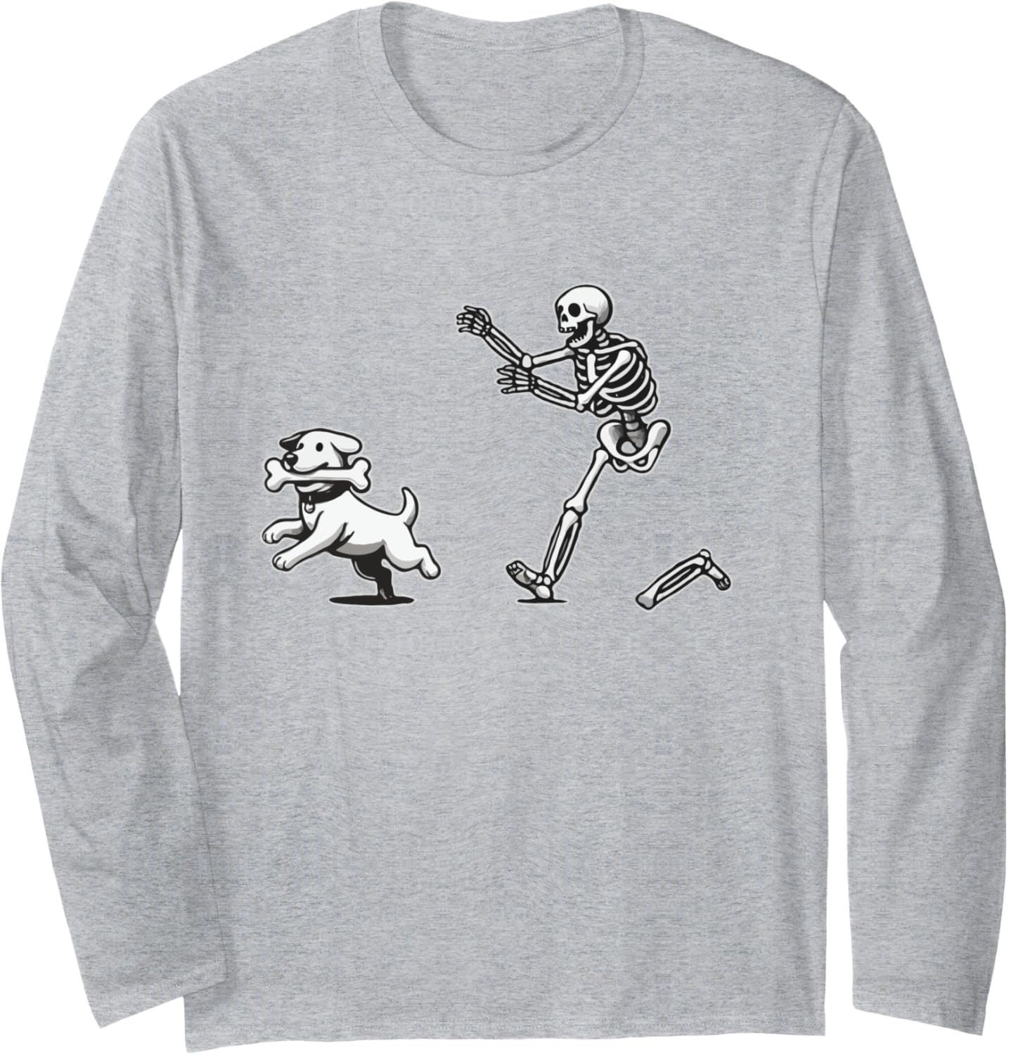 Skeleton Dog, Funny Halloween Skeleton Chasing Dog Long Sleeve T-Shirt