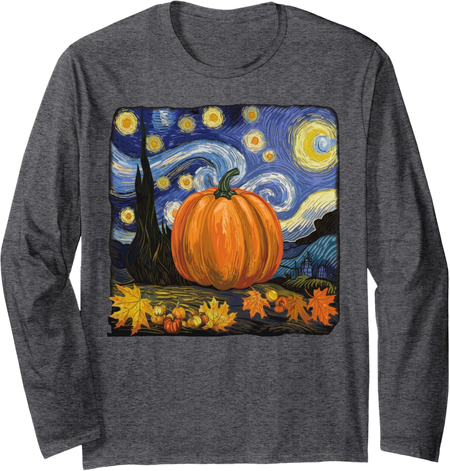 Starry Night Halloween, Van Gogh-Inspired Pumpkin Fall Long Sleeve T-Shirt