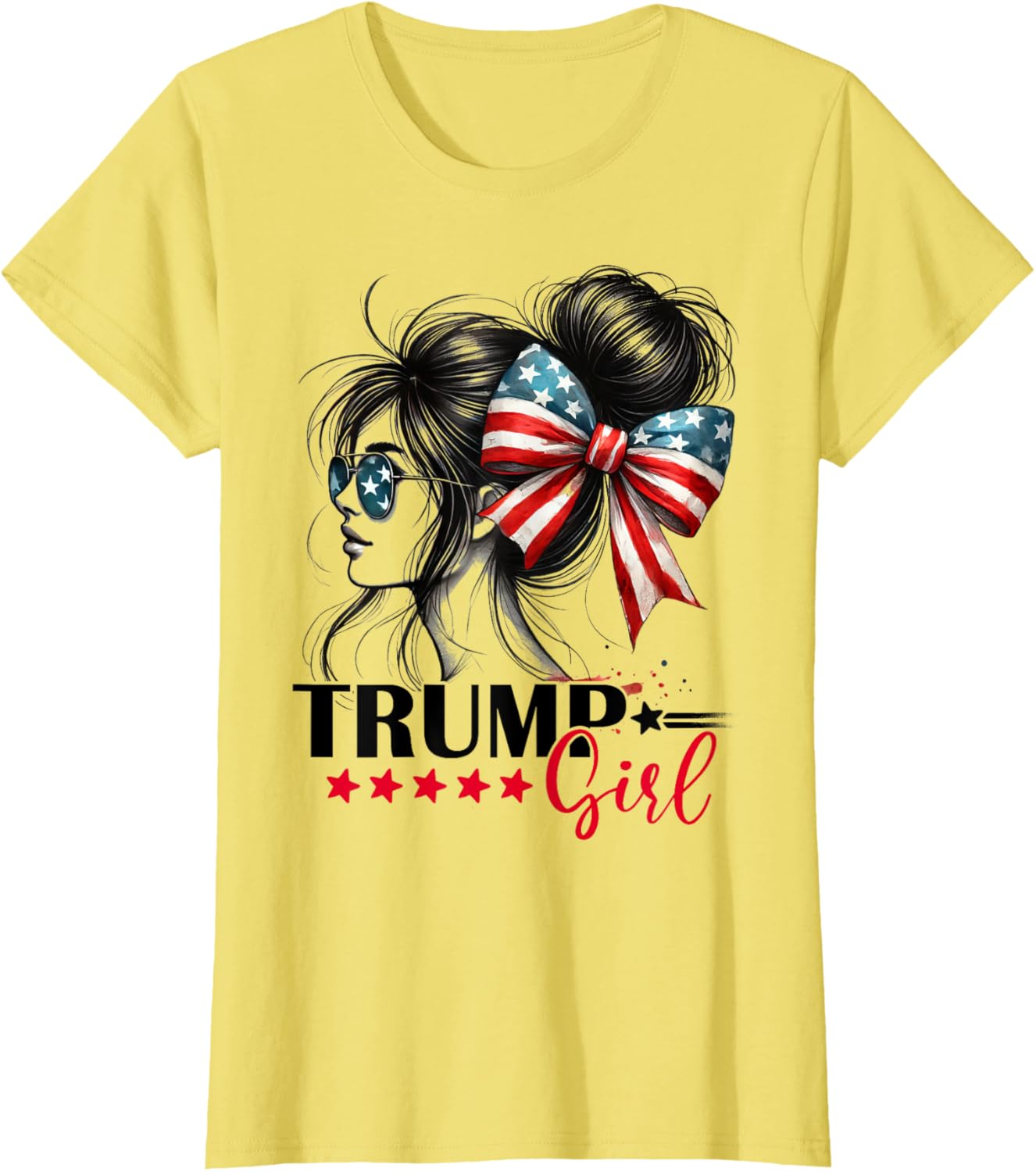 Trump Girl Messy Bun Sunglasses Trump 2024 USA Flag T-Shirt