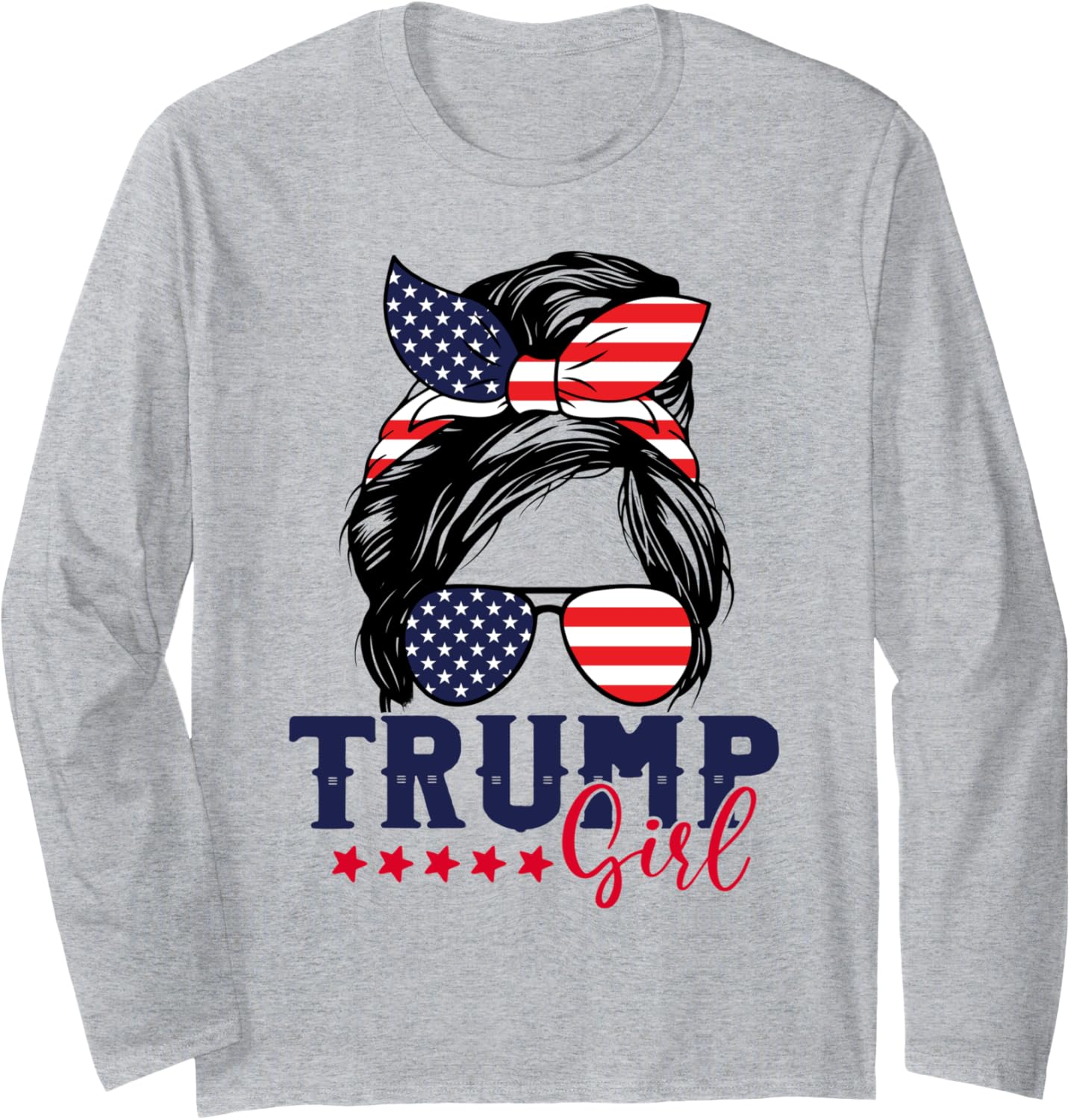 Trump Girl Messy Bun Trump 2024 Election American Flag Long Sleeve T-Shirt