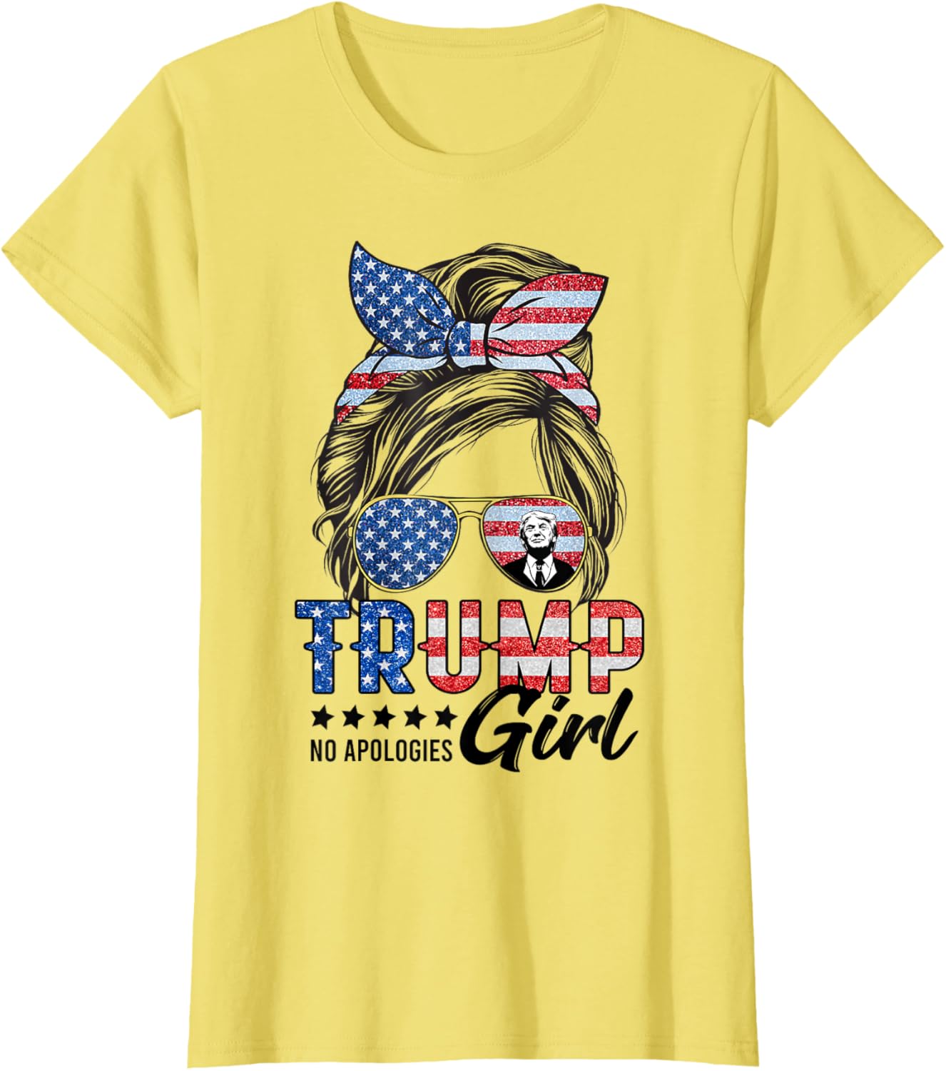 Trump Girl No Apologies Messy Bun Trump 2024 American Flag T-Shirt