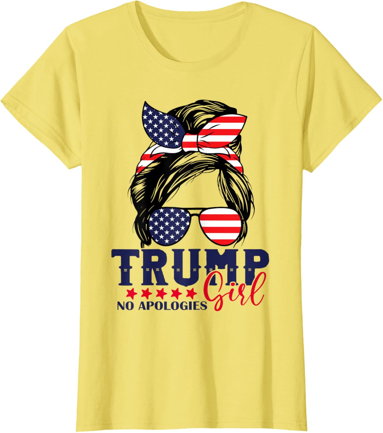 Trump Girl No Apologies Messy Bun Trump 2024 American Flag T-Shirt