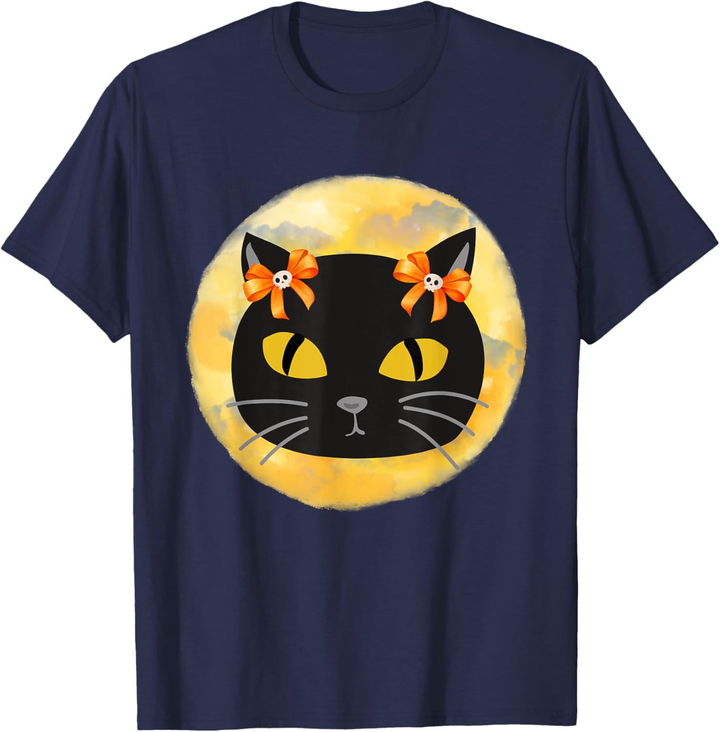 Watercolor Black Cat Full Moon Orange Bow Skull Halloween T-Shirt