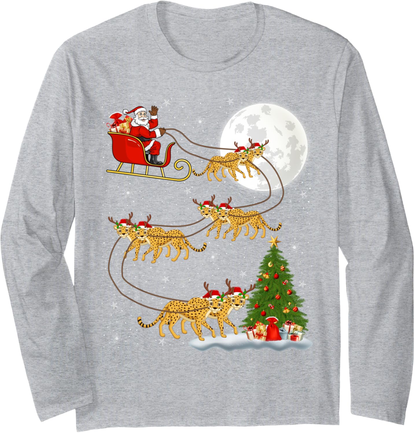 Xmas Tree Lights Funny Santa Riding Cheetah Christmas Long Sleeve T-Shirt